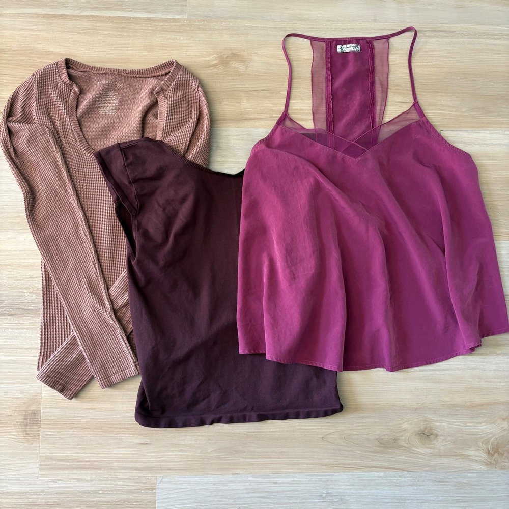Free People Intimately Tops Bundle M/L Pink Burgundy Waffle Knit Open Back Mesh